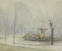 Reproduction of a watercolor image "foggy" image of trees and a fountain which is on the right.