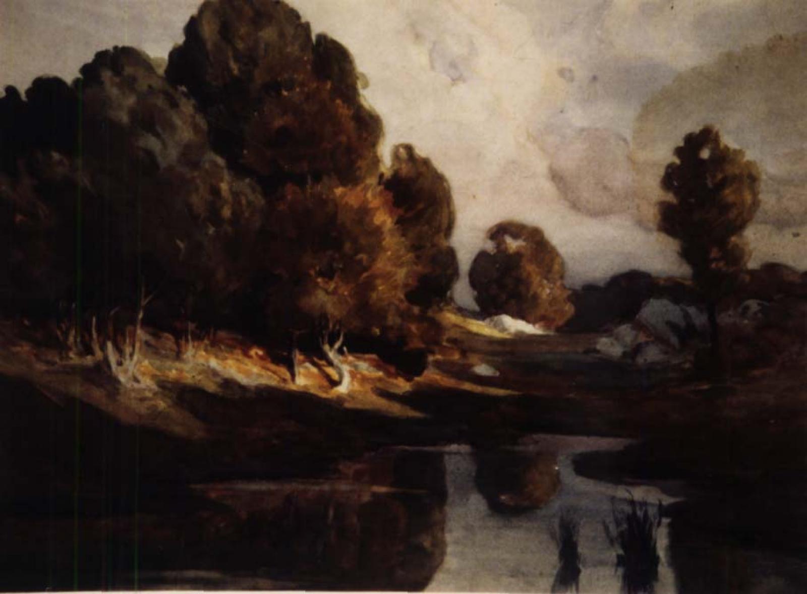 Dark pond surrounded by trees with browning leaves and a pale sky.