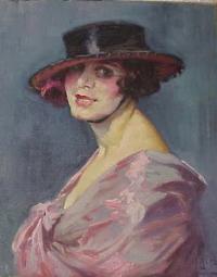 Portrait of woman with Spanish style hat with rose under it and wearing a pink wrap on blue background.