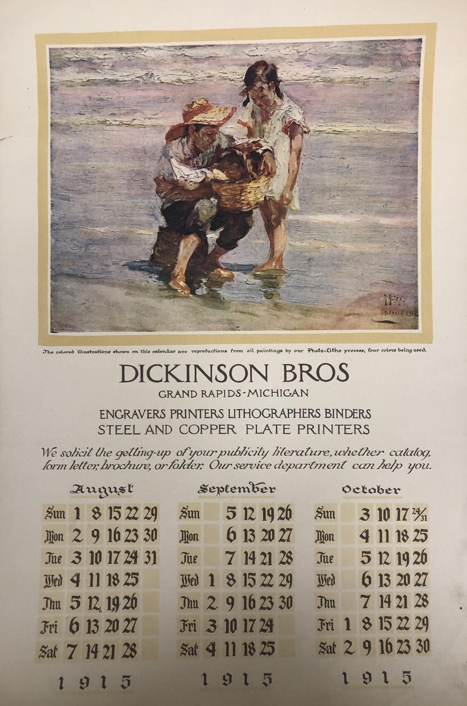 Four page calendar, each has a colored photo-lithograph of a painting (one is a reproduction of a Mathias Alten painting) and advertisements for Dickinson Brothers Engravers, Printers, Lithographers, Binders, Steel and Copper Plate Printers from Grand Rapids, Michigan.