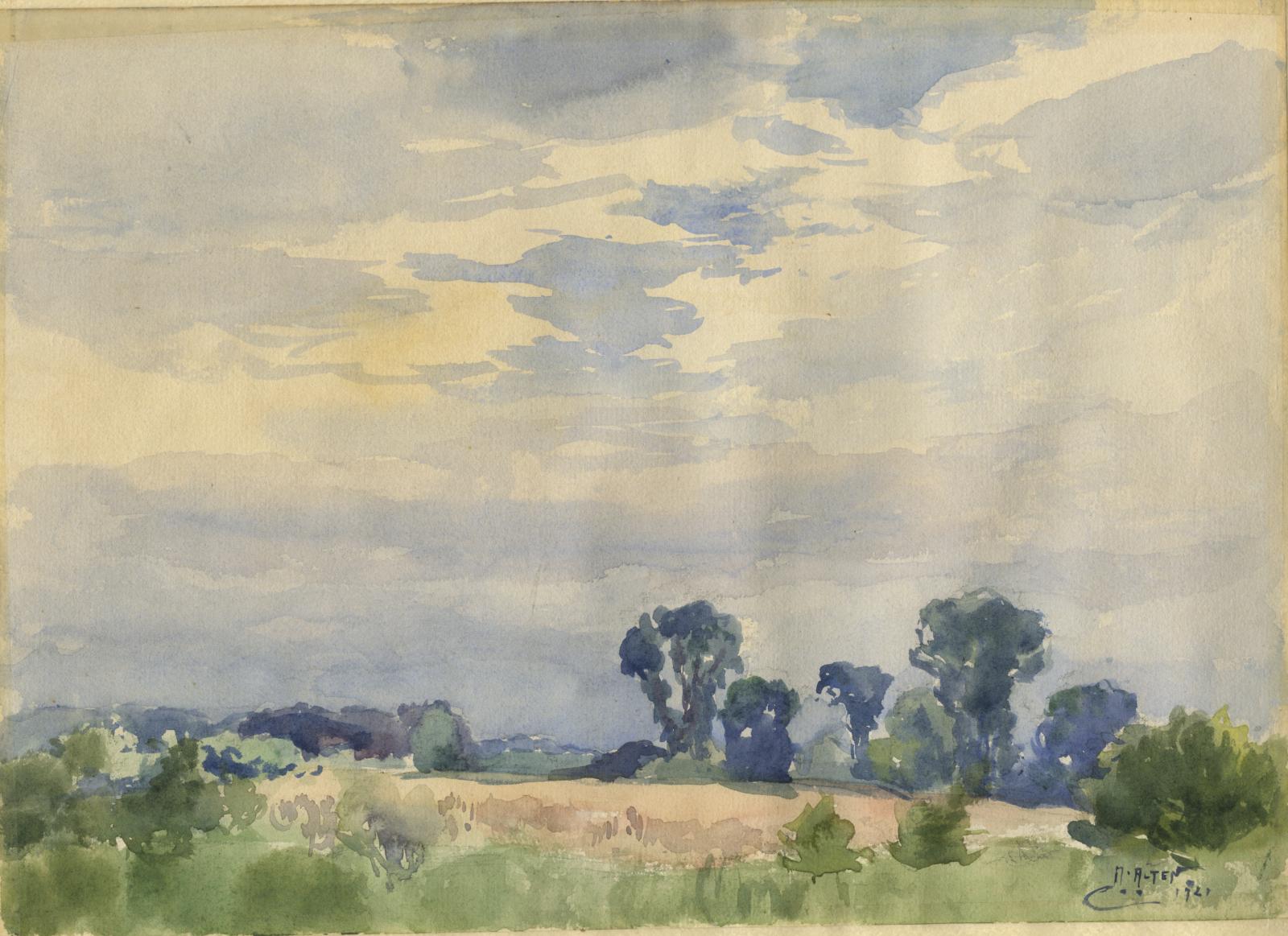 Watercolor image of a landscape with blue skies and green trees.