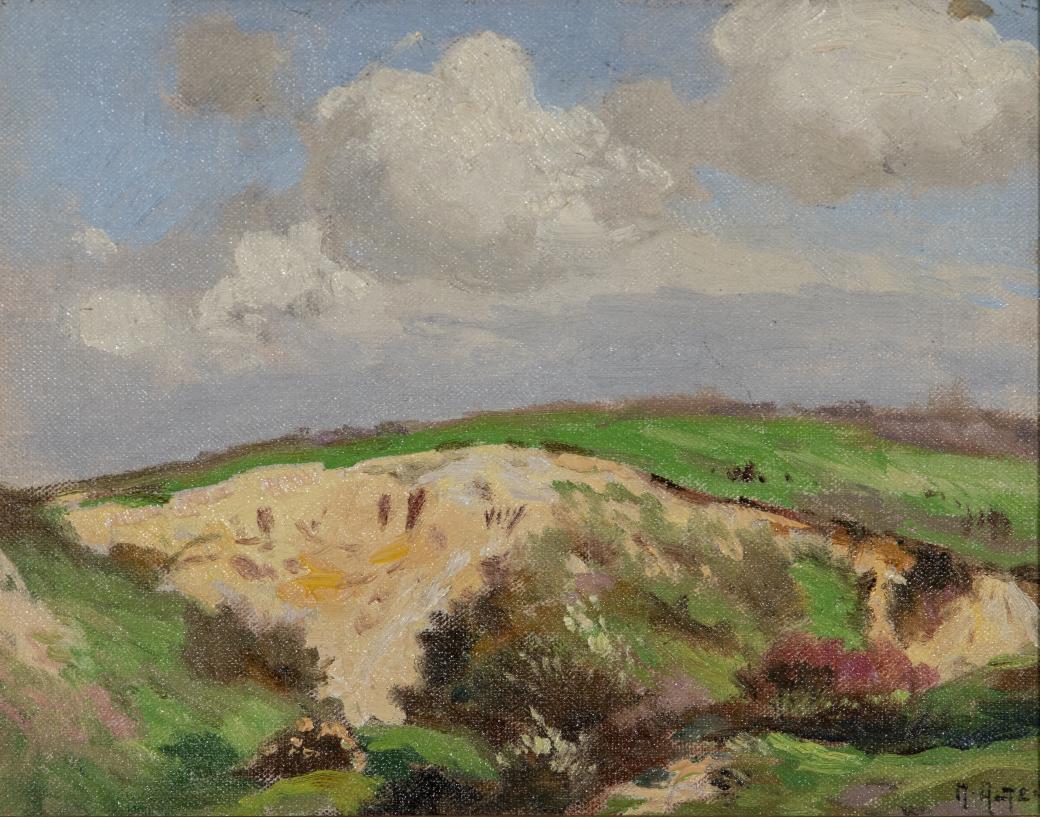 Landscape in light, bright colors including blue sky, white clouds and green grass.