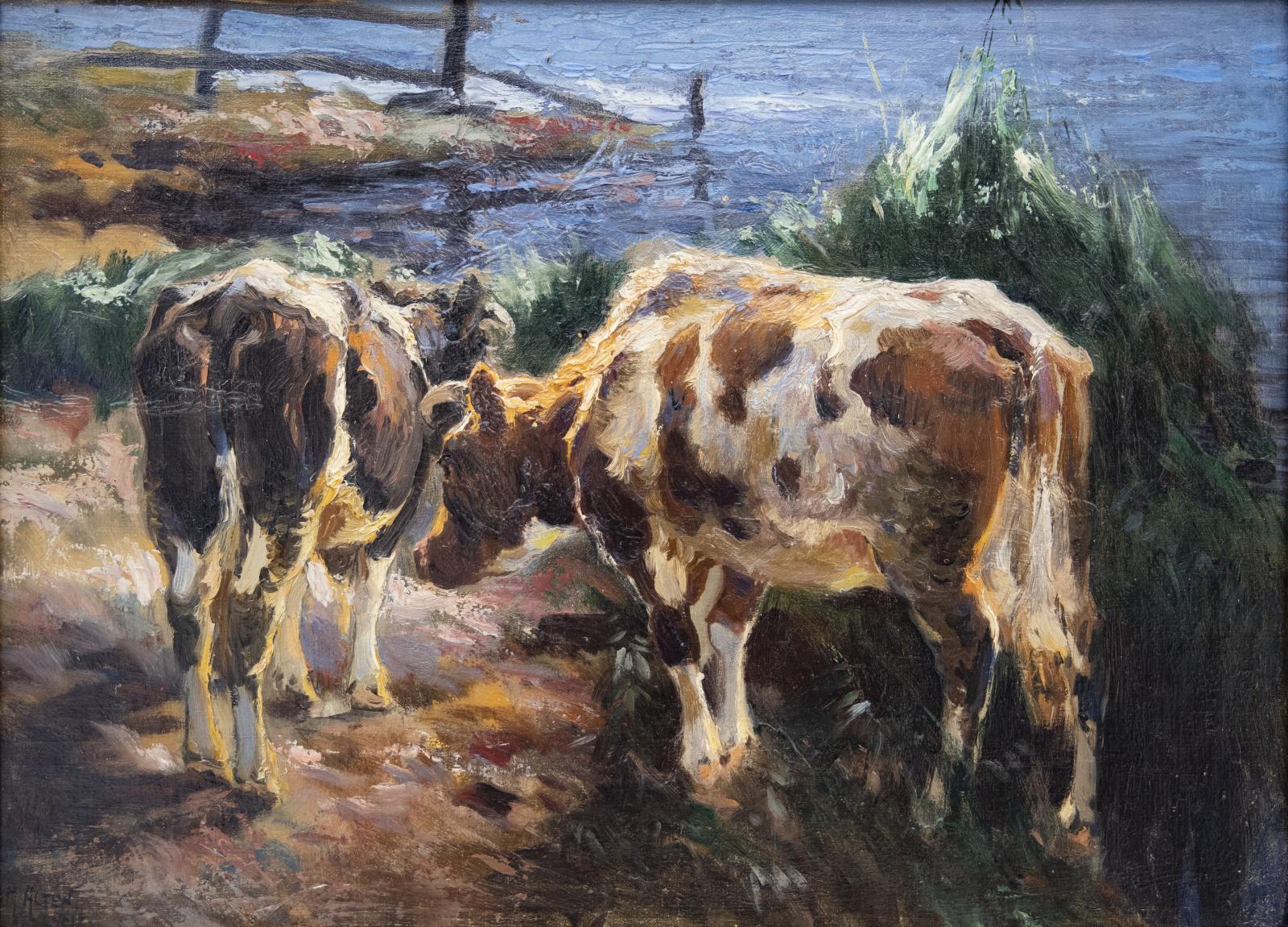 Oil painting on canvas and board of two cows, one from the rear, one from the side.