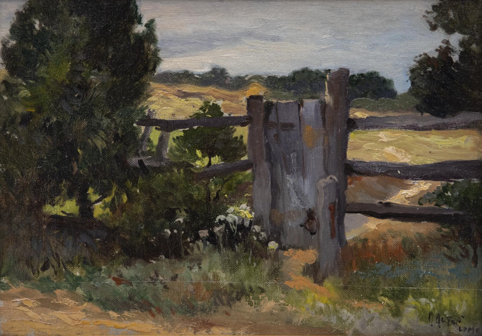 Oil on canvas painting of a wooden split rail fence with gate.