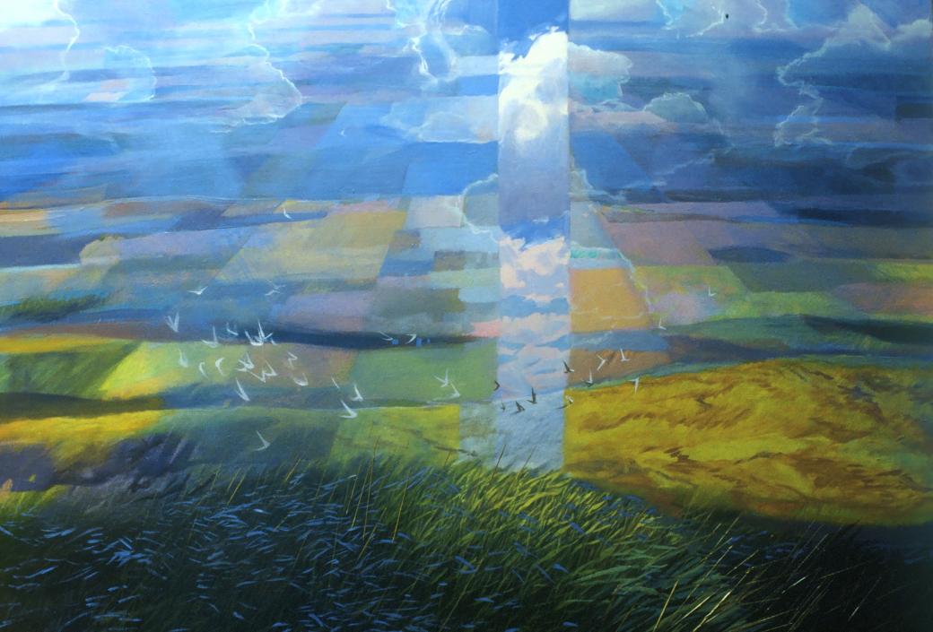 Oil on canvas painting of a pastoral scene with "rays of sunshine" that distort the colors.