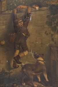 Oil painting of a boy reaching over a tall brick wall for apples while a dog stands at his feet.