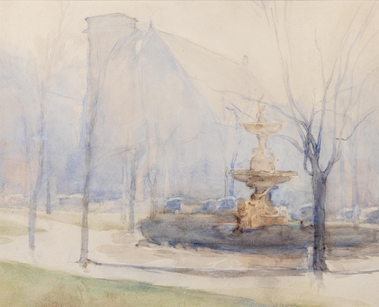 Front watercolor image "foggy" image of trees and a fountain which is on the right.