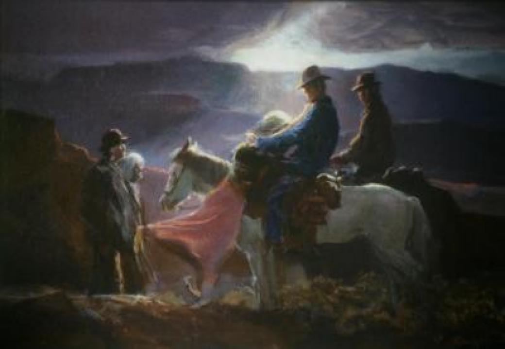 Painting on board of two men wearing cowboy hats on horses near a group of other people.
