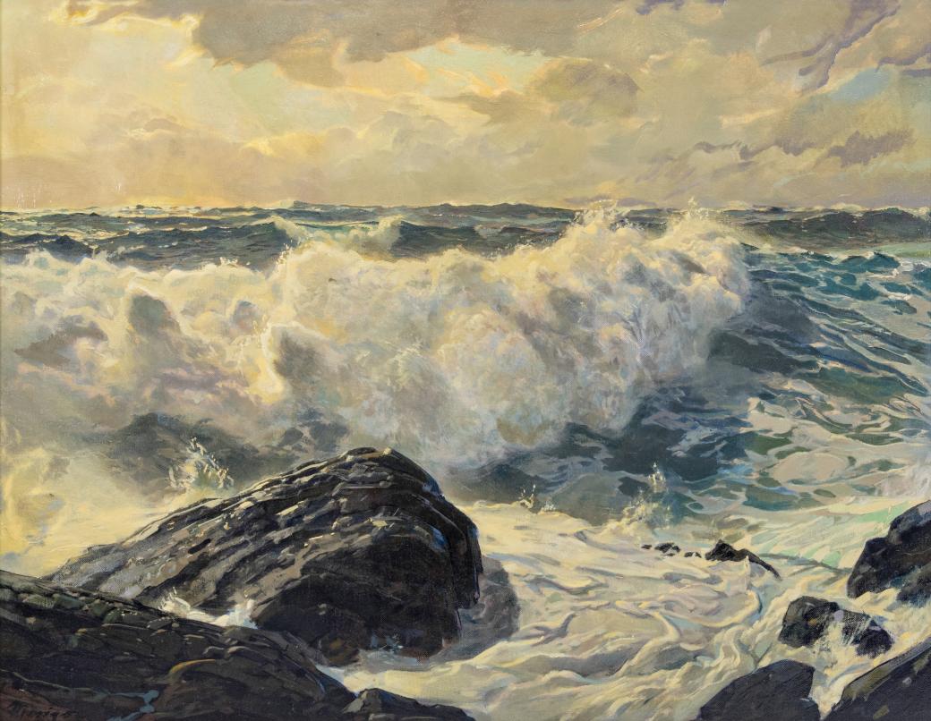 Dark painting of ocean waves at night.