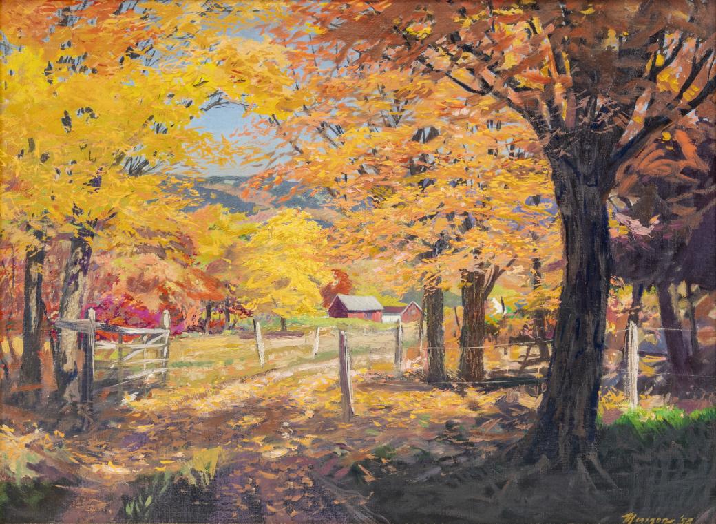 Painting of fall trees, covering a dirt path that leads through a fence and to red barns in the distance.