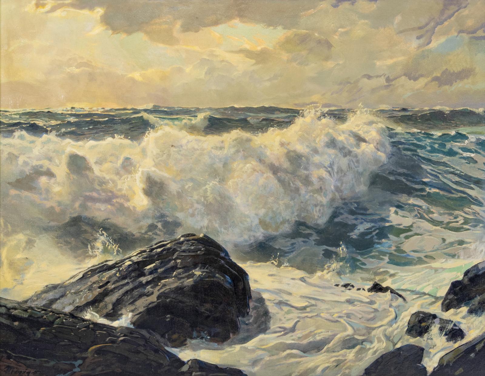 Dark painting of ocean waves at night.