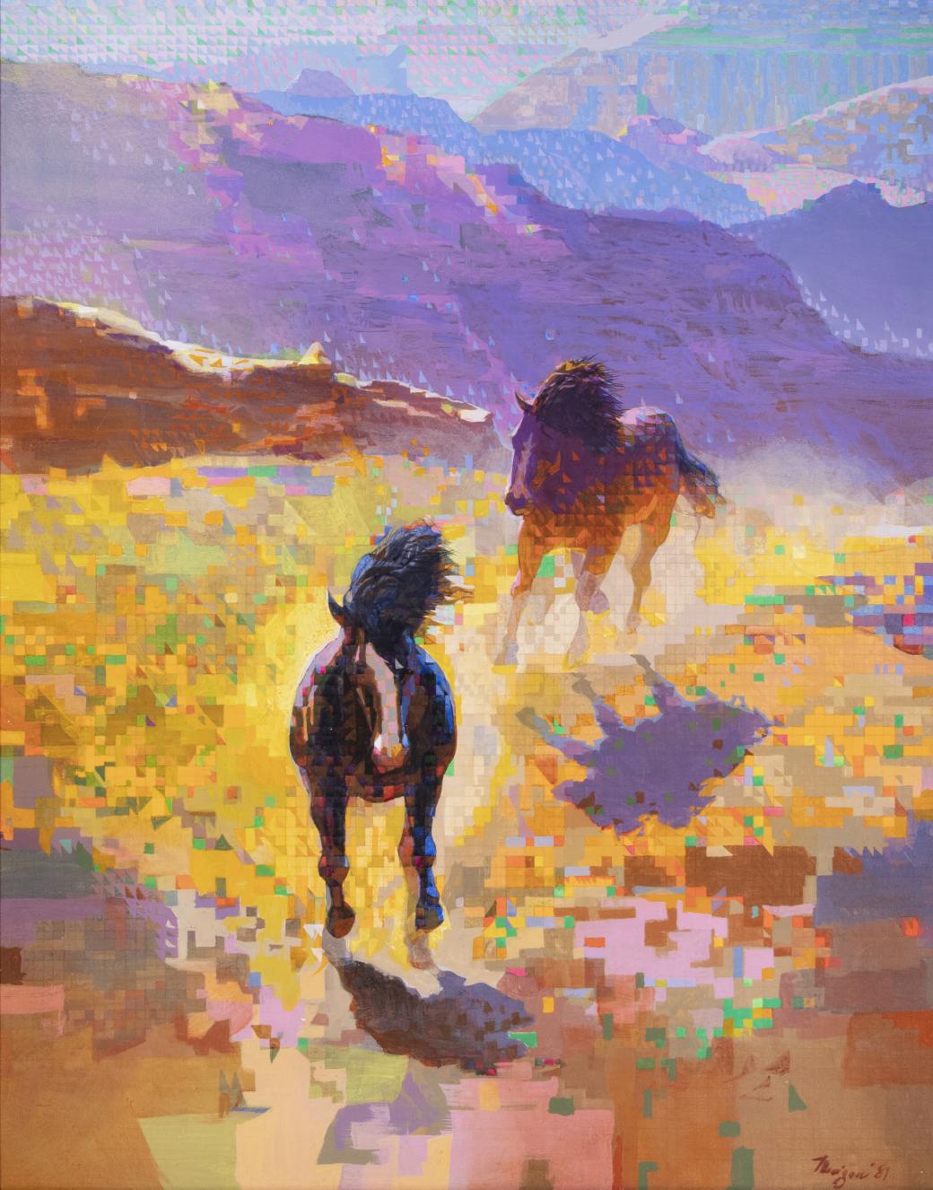 Colorful, abstract painting with two running horses at the send.