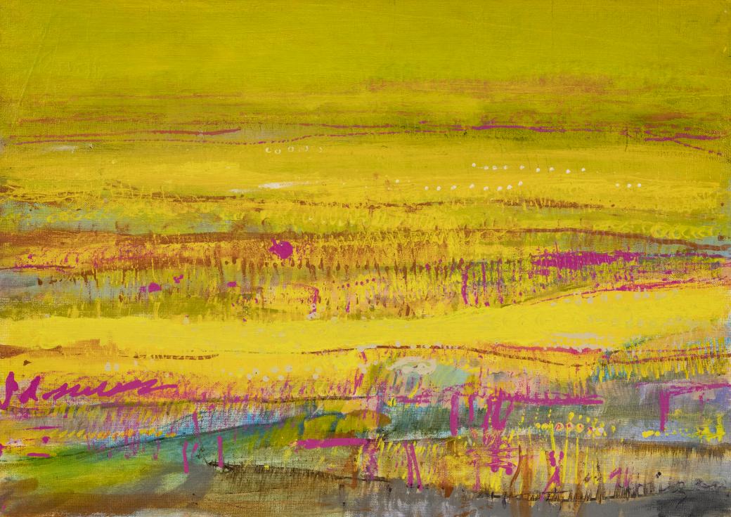 Bright yellow, abstract landscape painting.