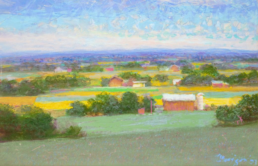 Top portion of the canvas is sky blue, followed by grassy rolling hills in greens, yellows and browns.