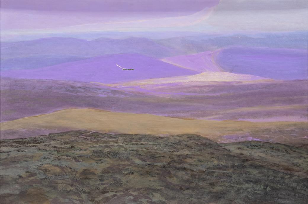 Landscape in mostly purples, blues and dark greens.