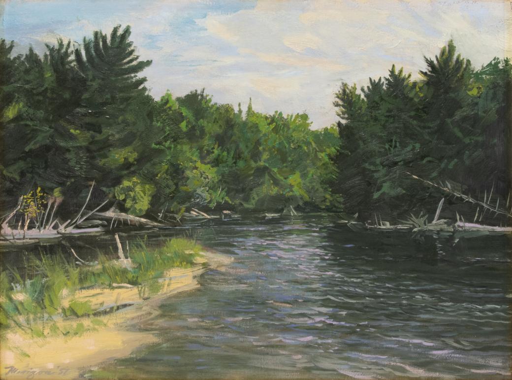 Realistic landscape with dark water towards the center of the painting, surrounded one the shores with trees in various shades of green and broken grey logs and sticks.