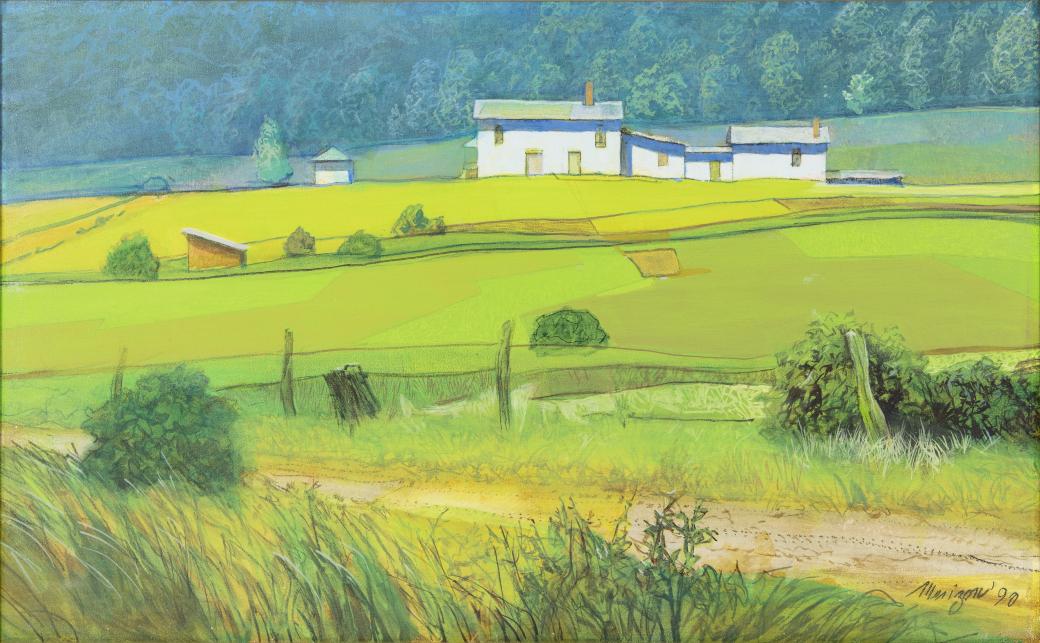 Colorful landscape with a row of white buildings on top of a yellow-green hill near the top of the image.