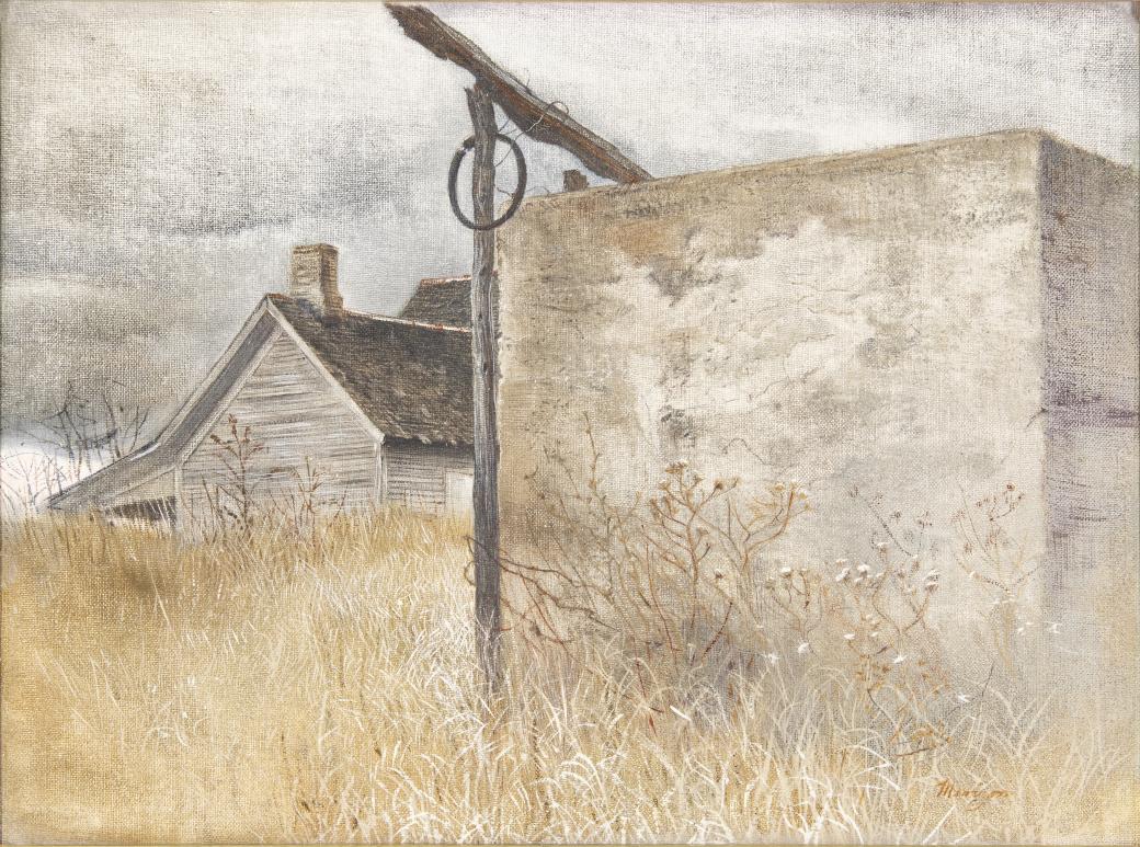 Grey and tan close-up of the side of a concrete building with wood coming from it.