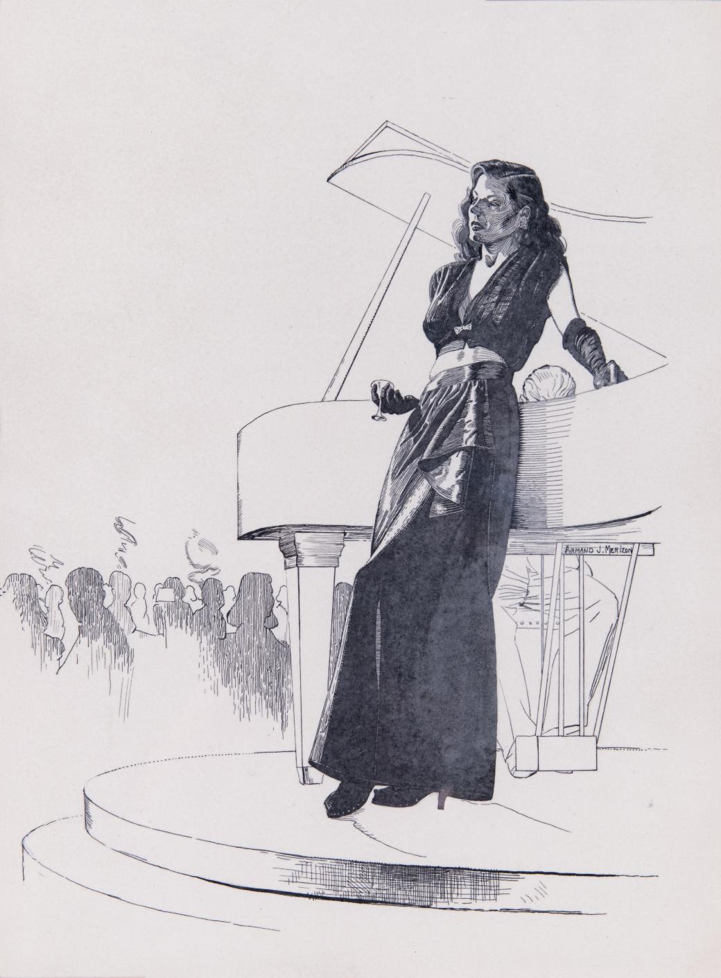 Painting of mountains of varying heights in a variety of shades of blue.