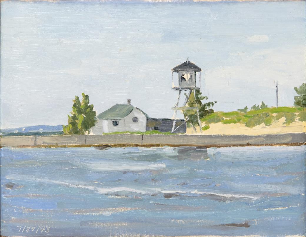 Water landscape with blue and grey water along the bottom of the image, light grey skies above.