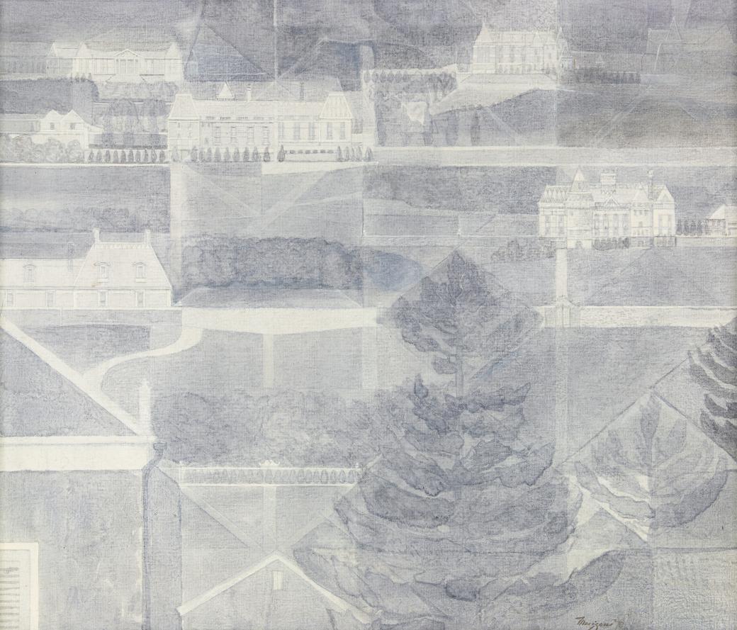 Blue or grey painting on board.