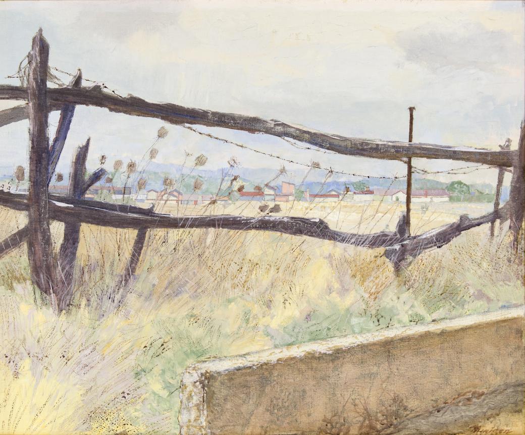 Landscape with buildings at a distance, barely visible through a split rail wooden fence in the foreground.