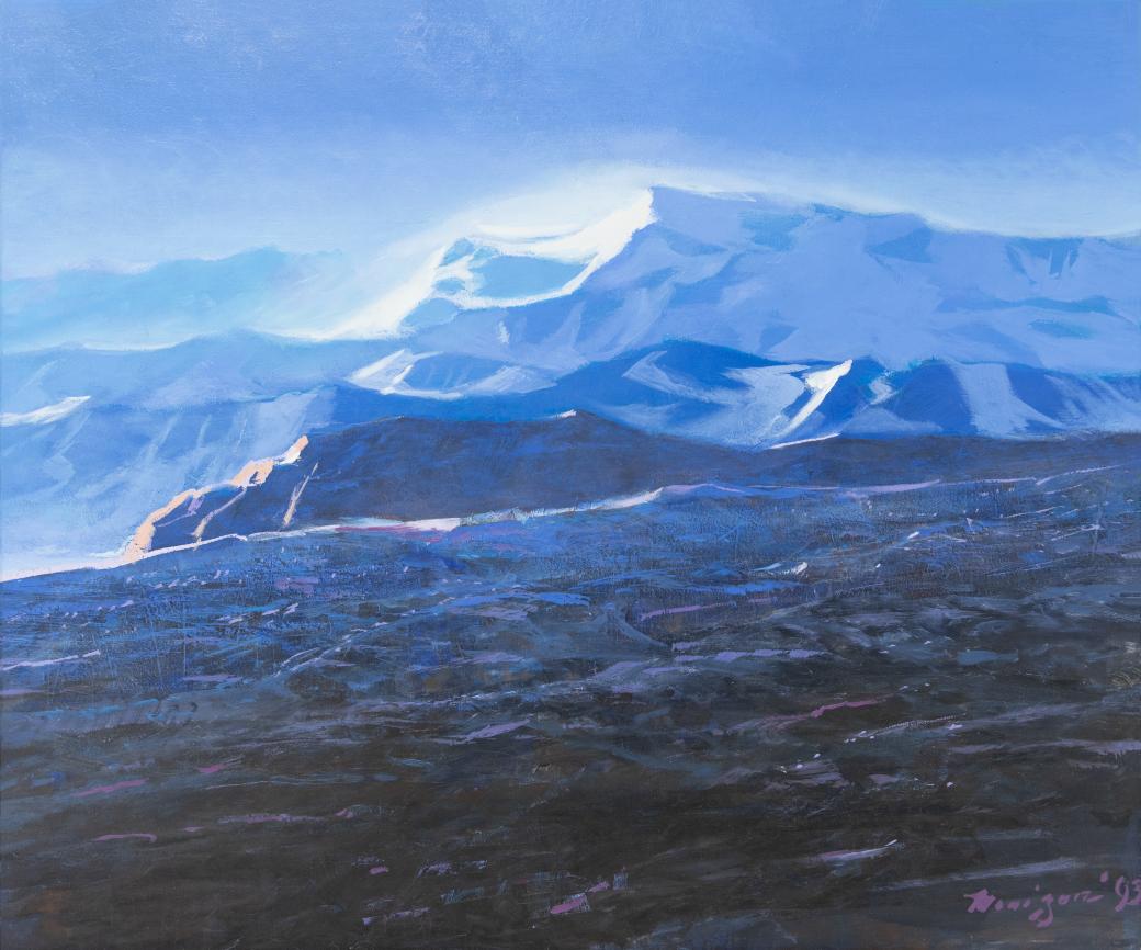 Painting of mountains of varying heights in a variety of shades of blue.