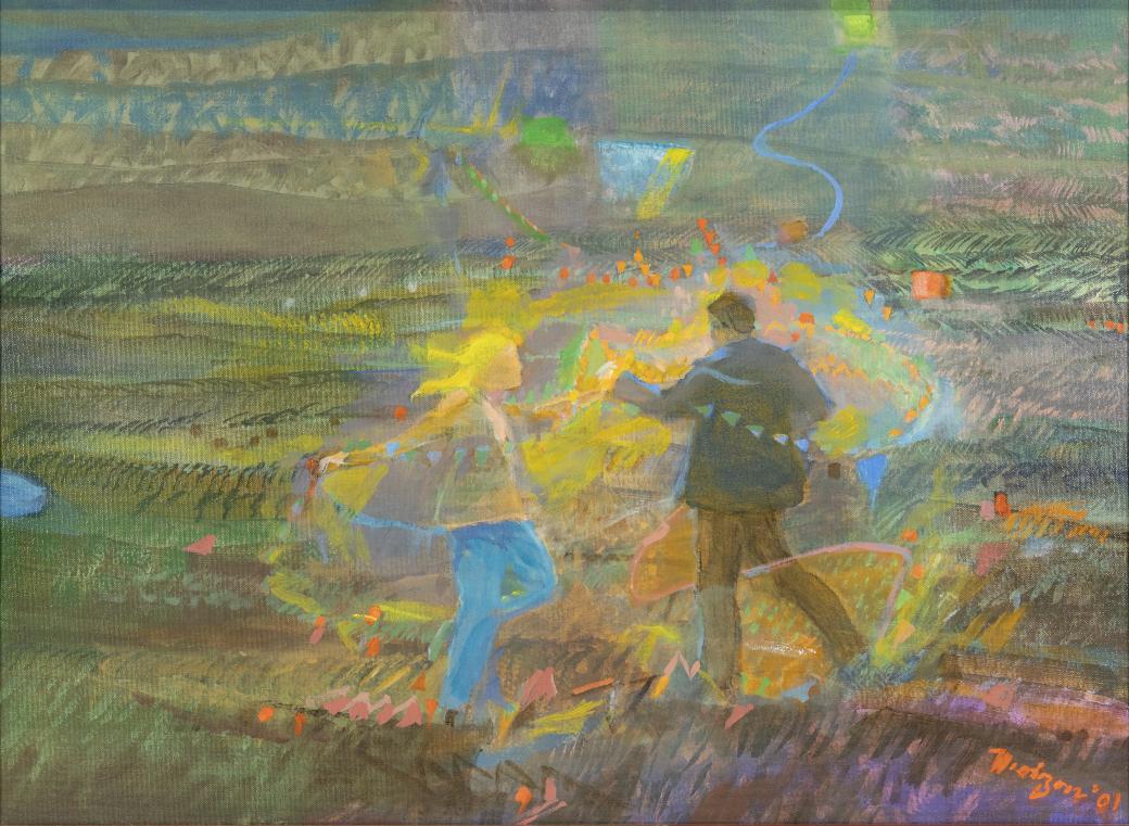 Colorful painting of a man and a woman dancing, colorful strokes of paint swirling around them.