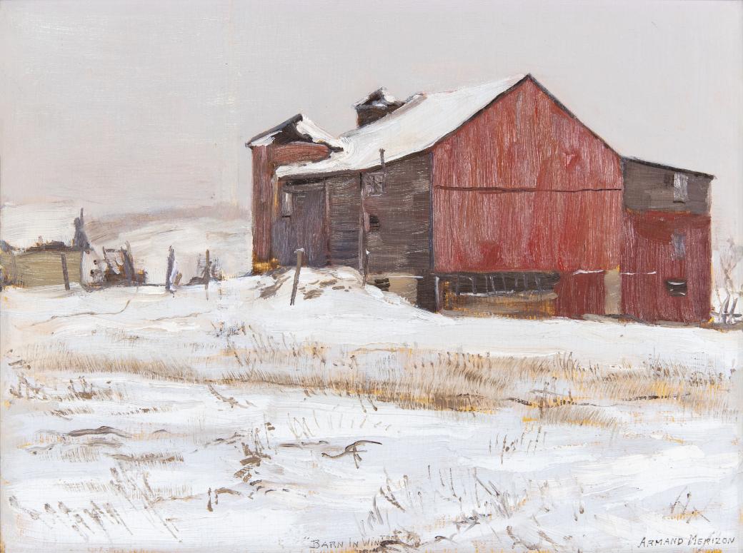 Painting of a red barn in a snow covered landscape.
