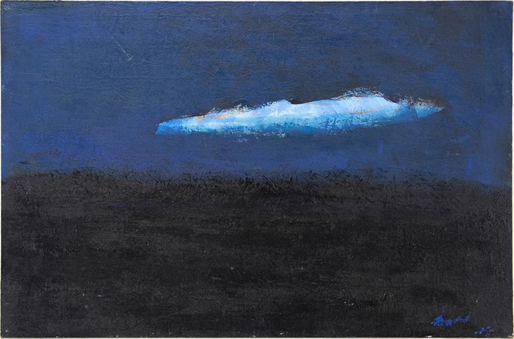 Abstract painting, dark blue on top and dark grey on the bottom.