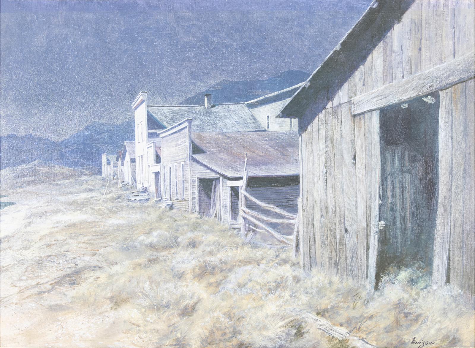 Dark painting with decrepit wooden buildings at an angle across the center and right side of the image.