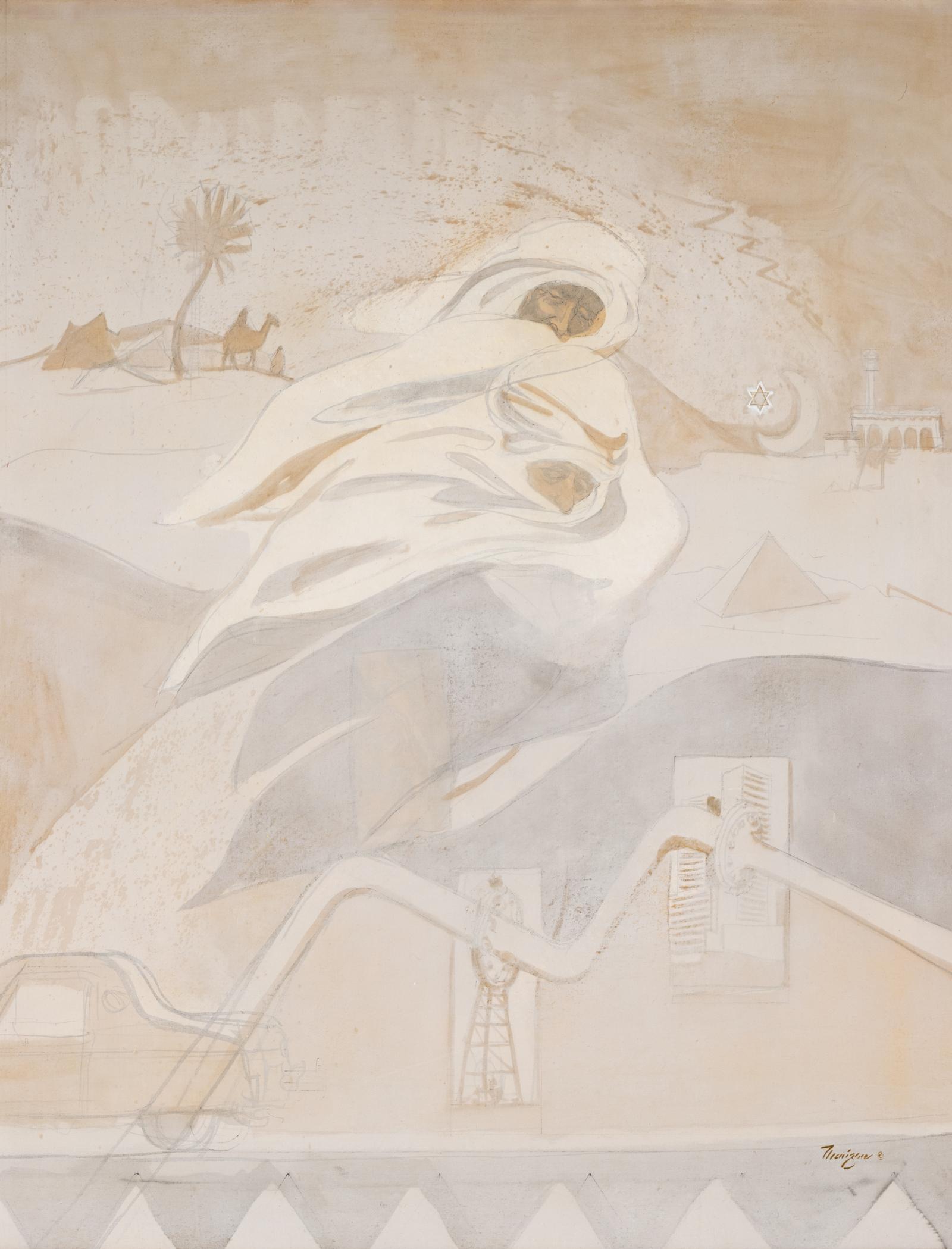 Pastel colored painting of two men, fabric clothing and head coverings flowing around them as they look down.