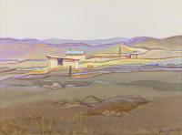 Rolling hills landscape with pale yellow skyline.