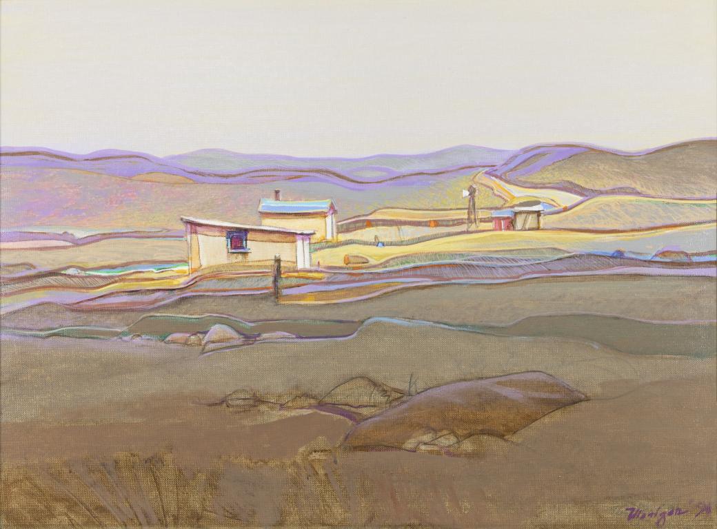 Rolling hills landscape with pale yellow skyline.