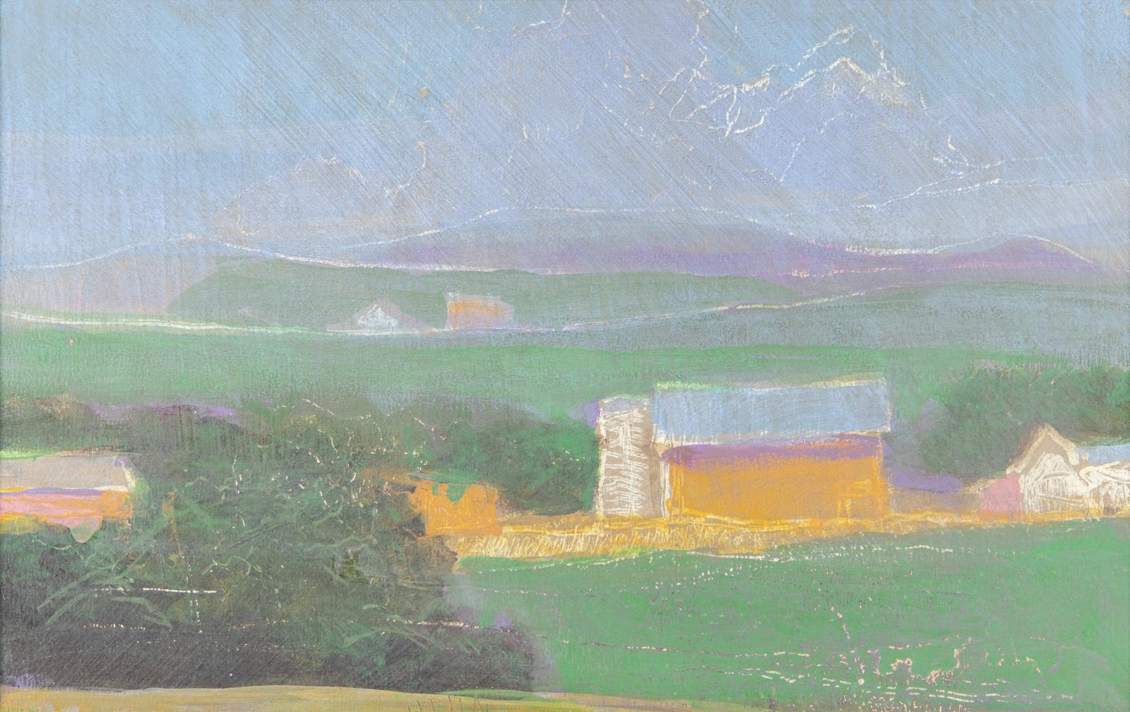 Landscape scene with a barn and silo at the center.
