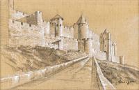 Image is of the exterior of a castle, with white bricks and turrets.
