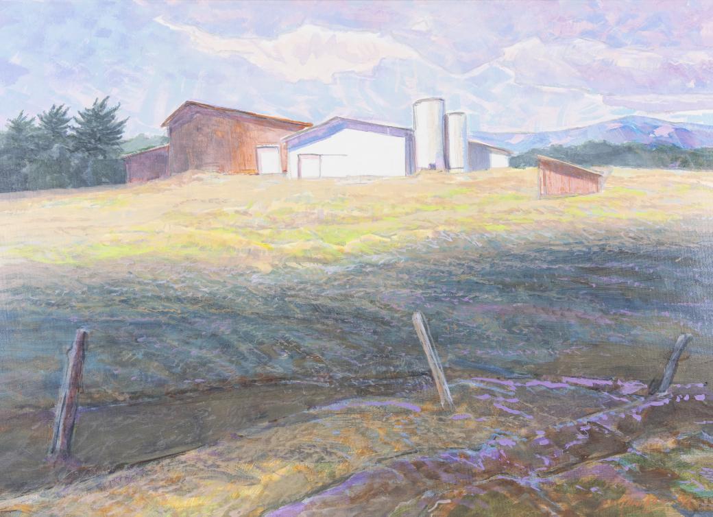 Colorful rural landscape in greens, yellow, blues and purple.