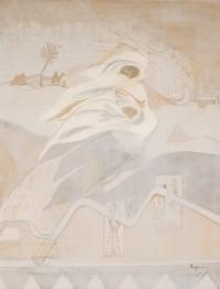 Pastel colored painting of two men, fabric clothing and head coverings flowing around them as they look down.