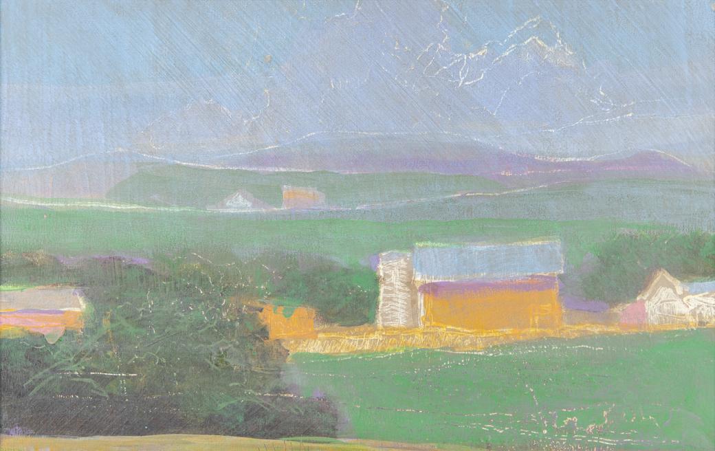 Landscape scene with a barn and silo at the center.