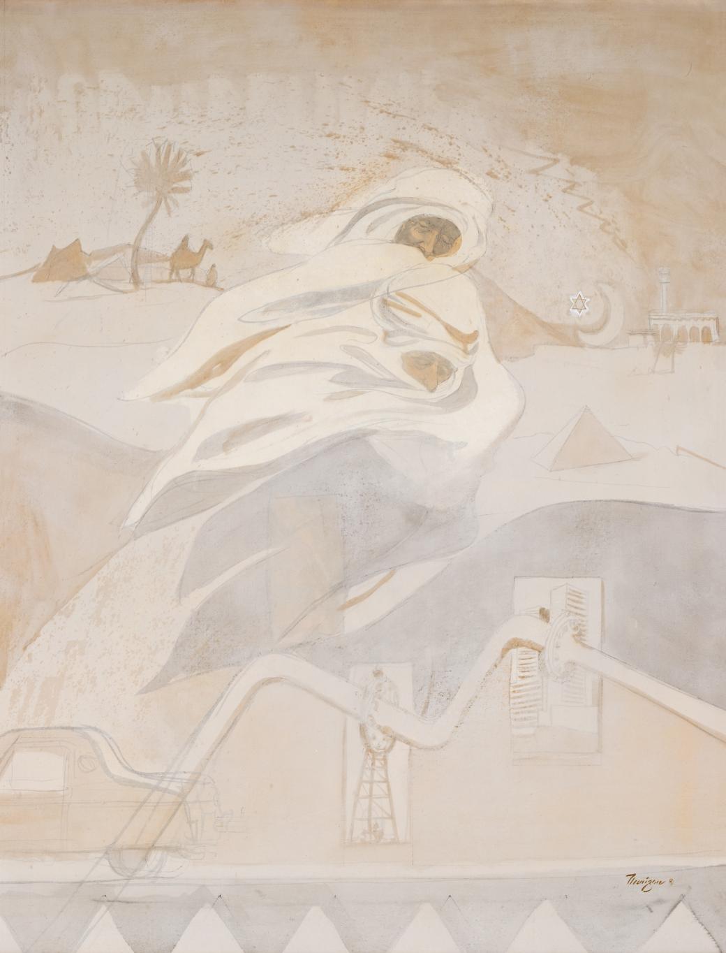 Pastel colored painting of two men, fabric clothing and head coverings flowing around them as they look down.