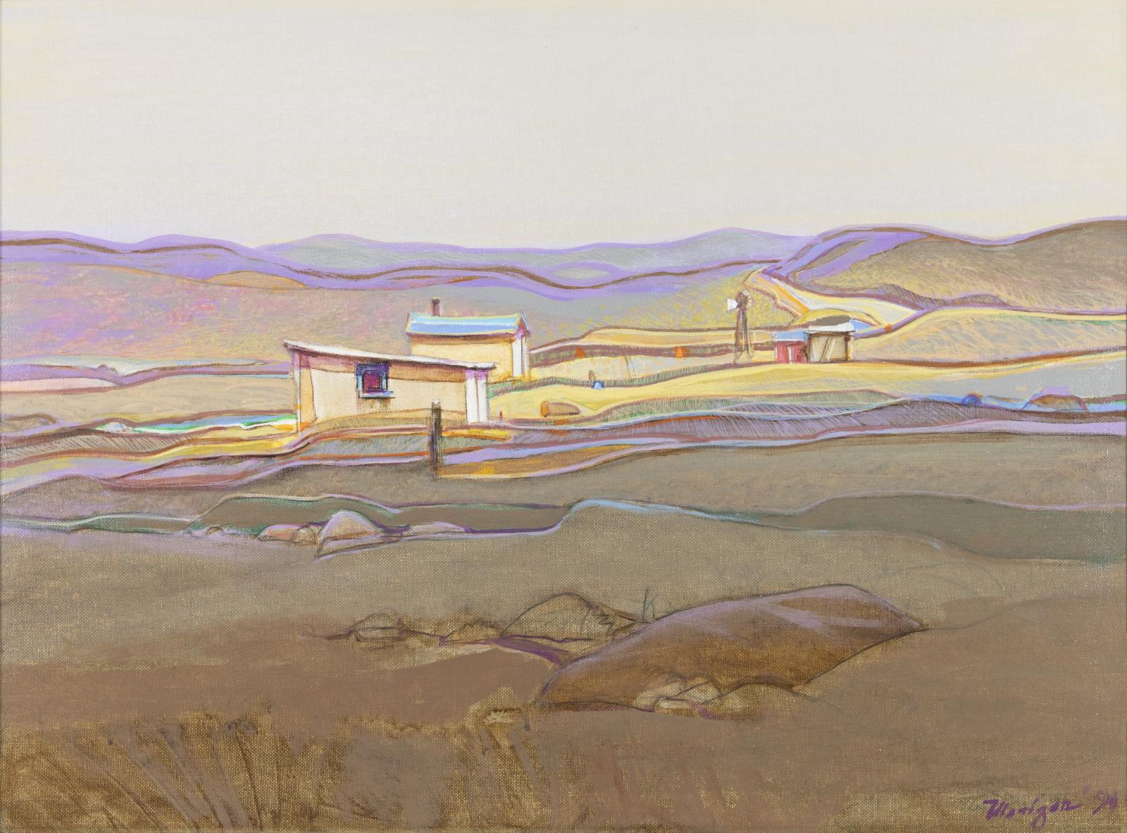 Rolling hills landscape with pale yellow skyline.