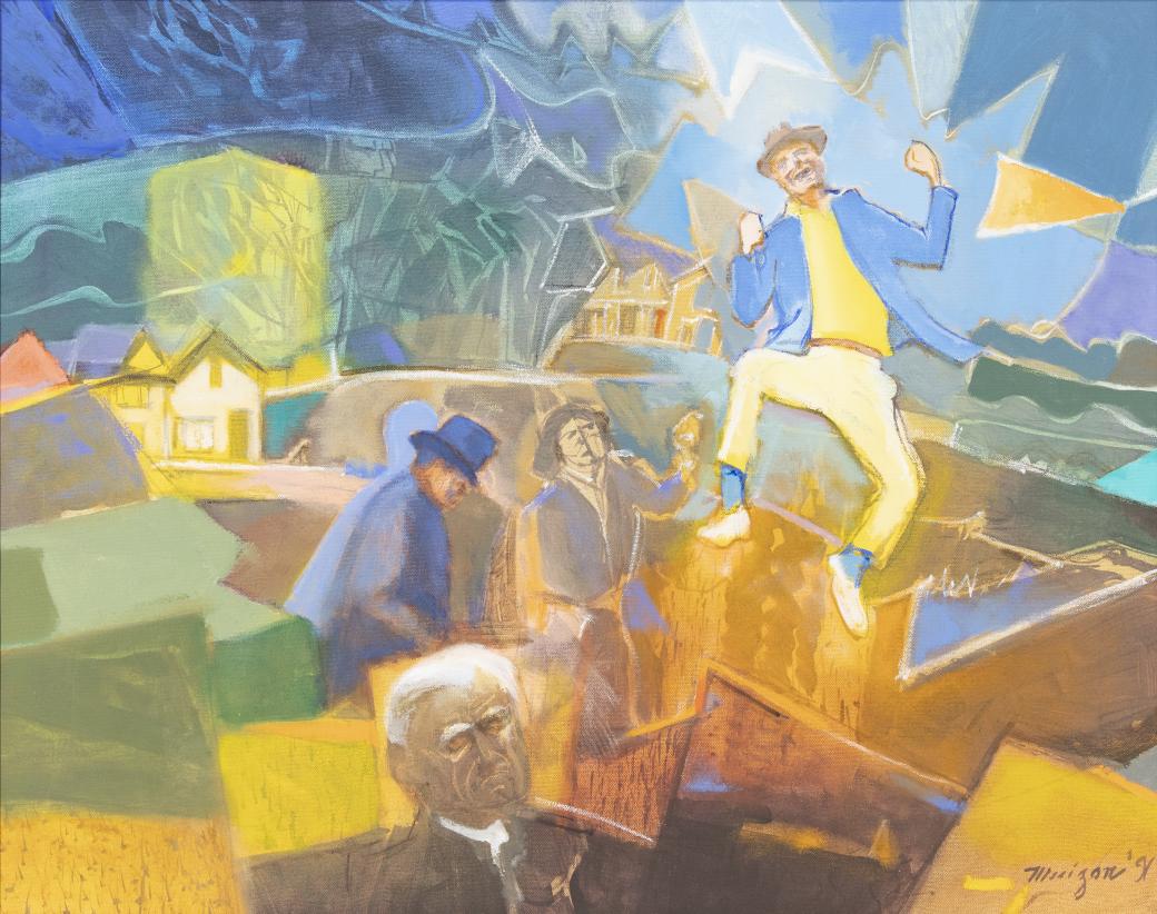 Bright and colorful painting with an abstract background with logs of geometric shapes, colors and a small house.