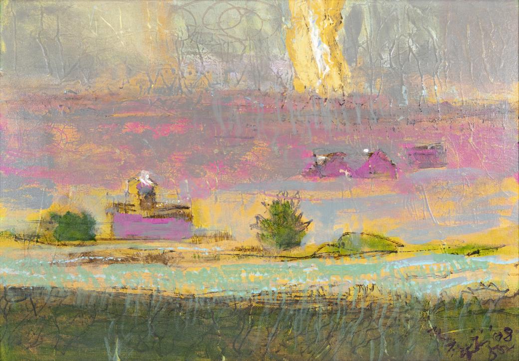 Abstract landscape scene in blues, pinks, purples and greens.