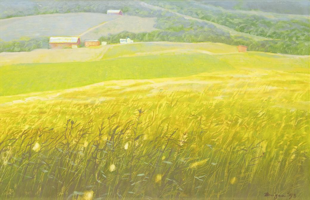Rural landscape with a farm and barns at the upper left corner.
