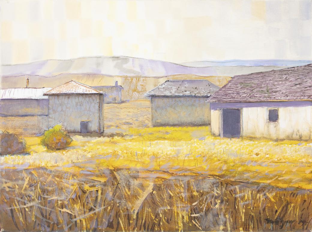 Bright landscape in yellows and pale blues and greys.