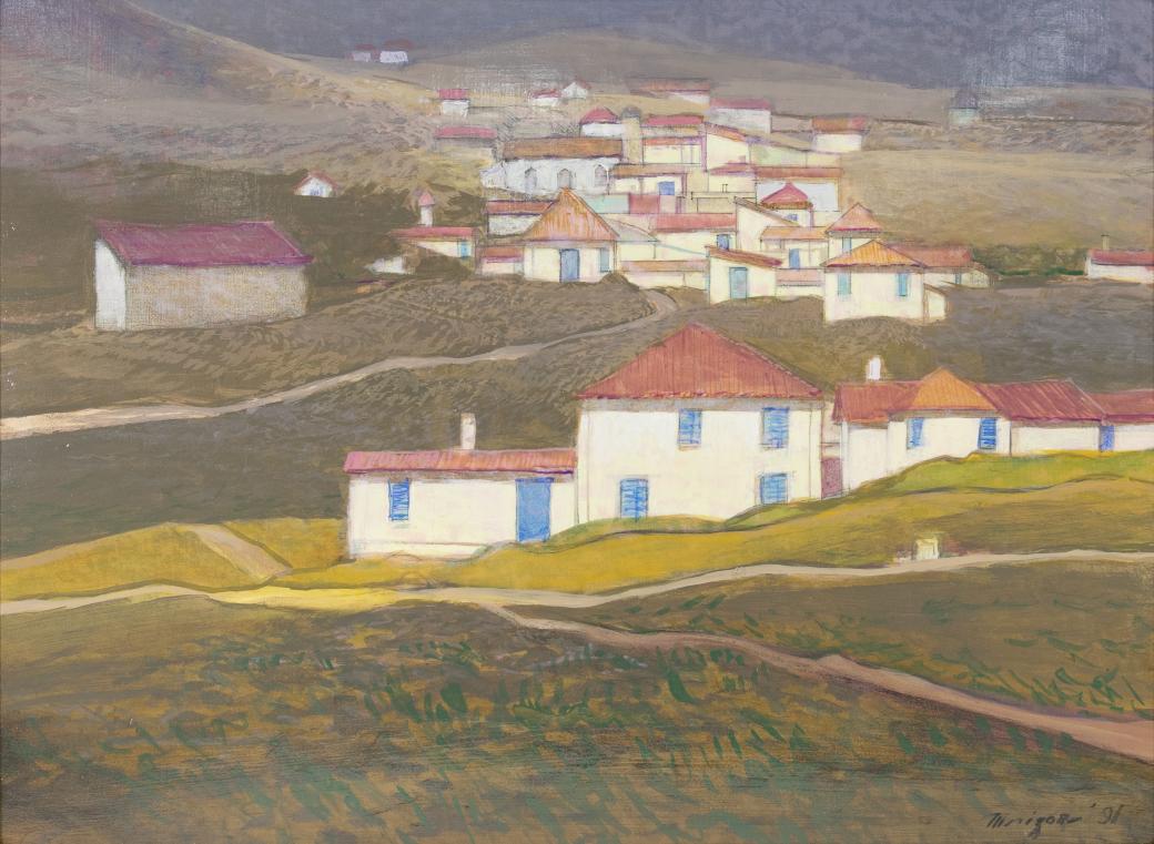 Landscape of a green and brown hillside with a number of dirt paths and white buildings with red roofs and blue windows.
