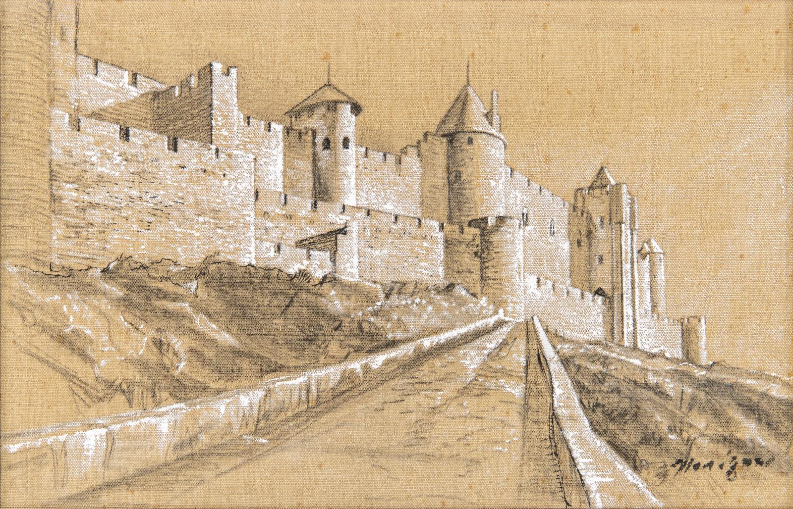 Image is of the exterior of a castle, with white bricks and turrets.