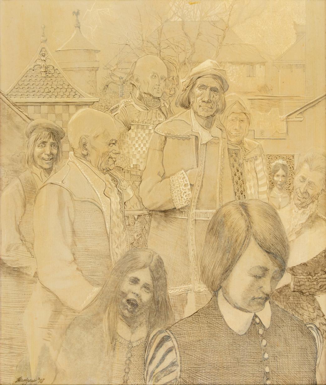 Monochrome painting of a group of people with buildings and bare trees in the background.