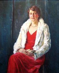 A portrait of a woman in a red dress, a white blazer.