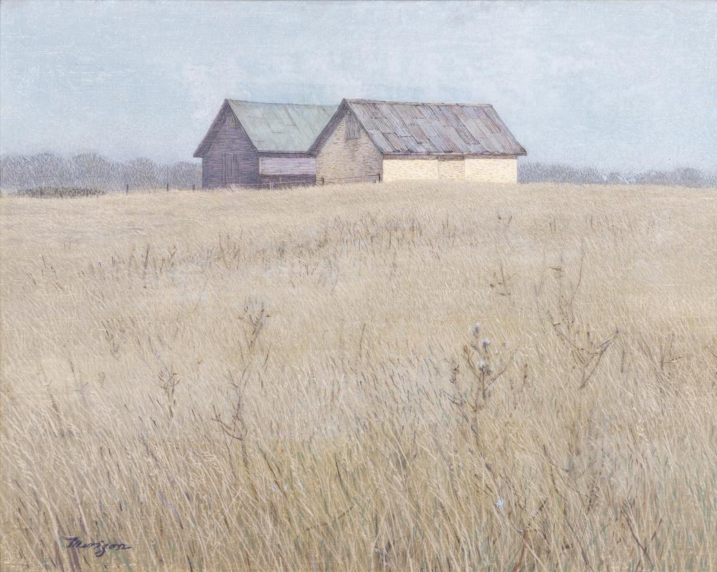 Acrylic painting of 2 barns in background, behind them is a blue sky, in front is a field.